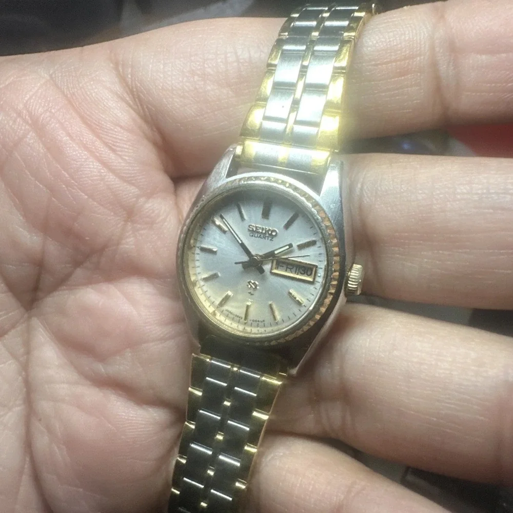 Works VTG Seiko SQ Ladies watch Date Two Tone Quartz New Battery 24mm Fit 6.5in